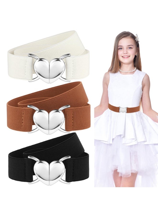 3Pcs Elastic Belts with Heart Buckle for Girls, Cute Stretch Kids Waist Belt Adjustable Toddler Belts for Pants Dress Jeans - Image 1
